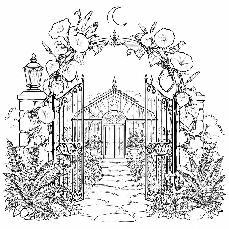 Uncolored greenhouse gate with moonflowers
