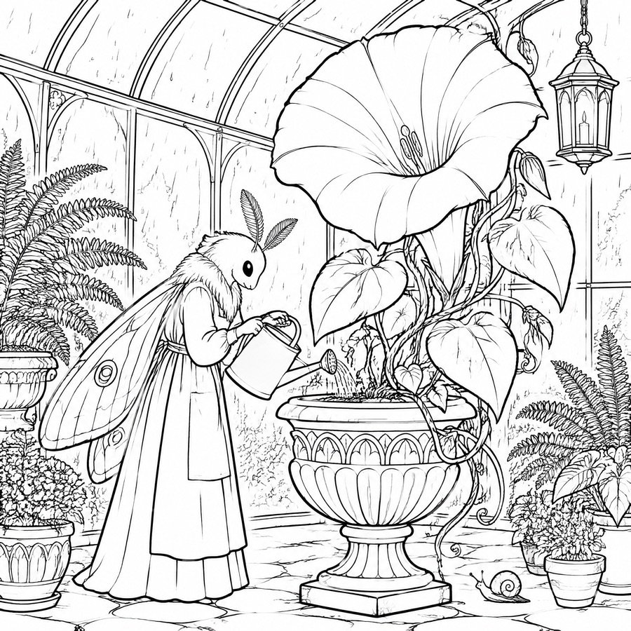 Uncolored moth gardener watering a large moonflower