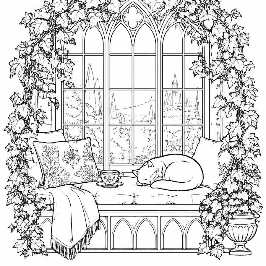 Uncolored ivy window seat with a sleeping cat